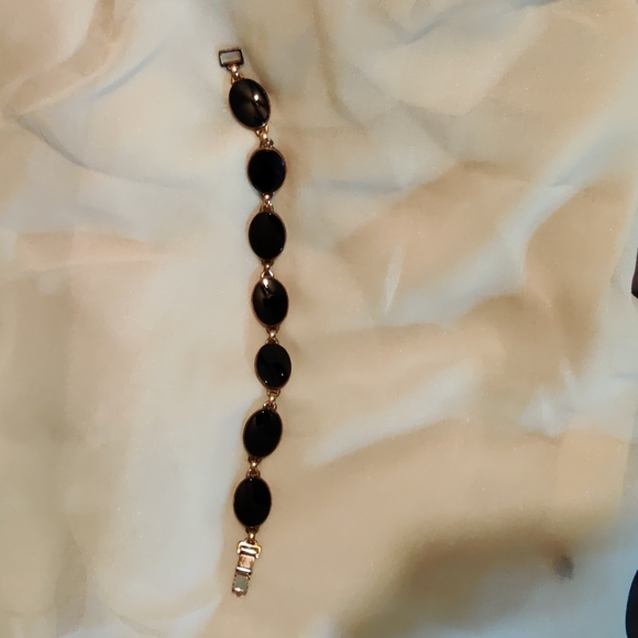 Antique oval Black Onyx Sterling+1/20 14kt Genuine gold filled bracelet 8"  50's - Picture 8 of 17